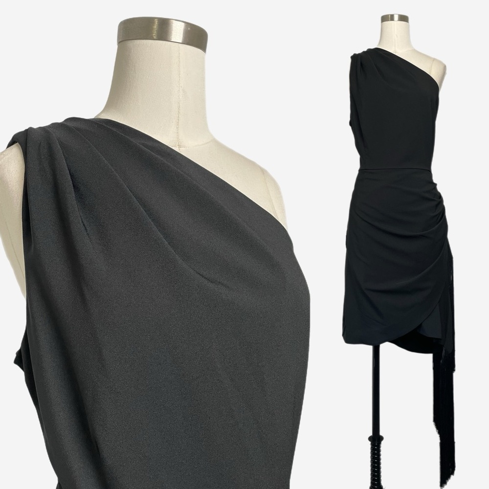 Hutch NWT Black ruched one shoulder faux wrap fringe mini dress western event XL